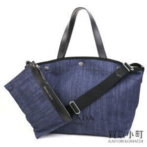PRADA Denim Tote Bag Screen Printed Lettering Logo Shoulder City Calf Leather